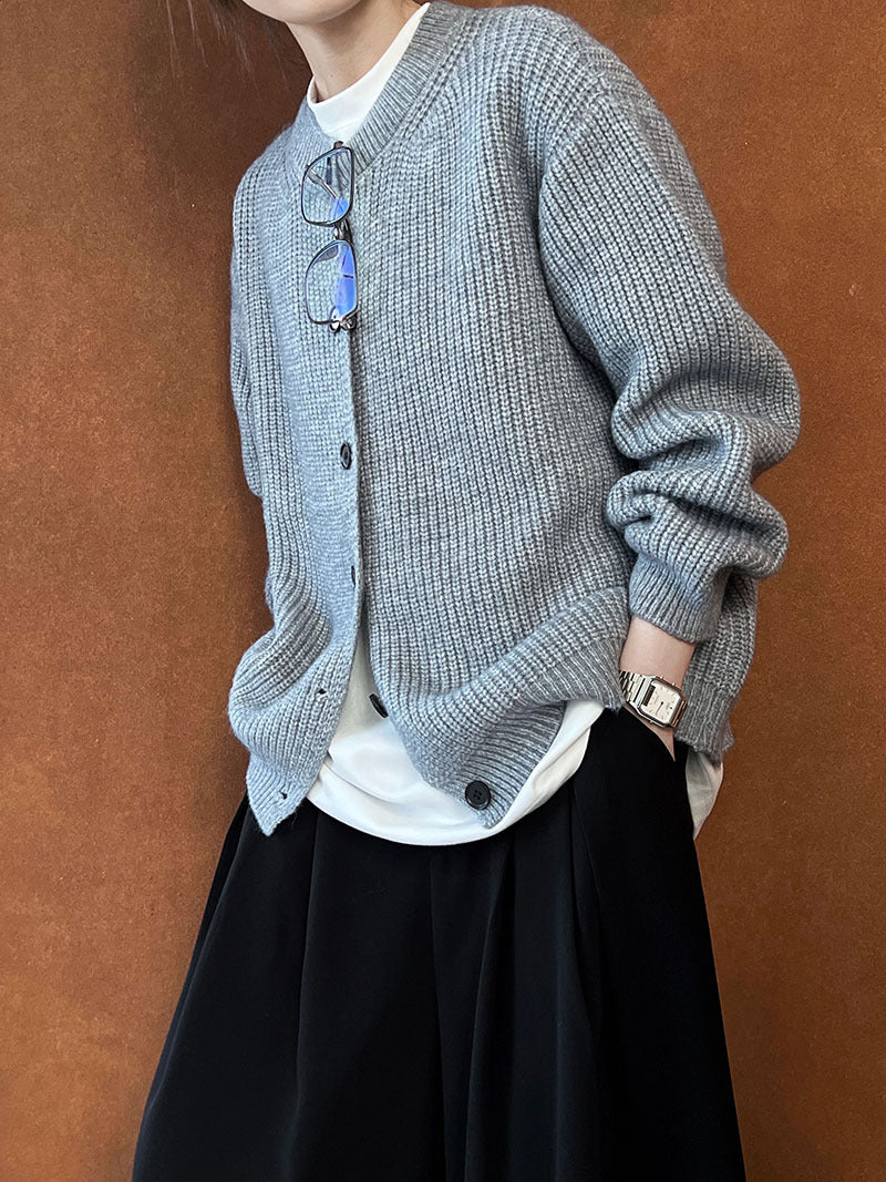 Gray knit cardigan with regular sleeves from the Chic Cardigan Sweater fashion collection