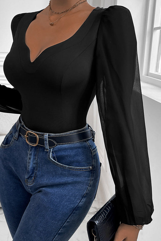 Women Clothing Black Mesh Stitching v Neck Jumpsuit