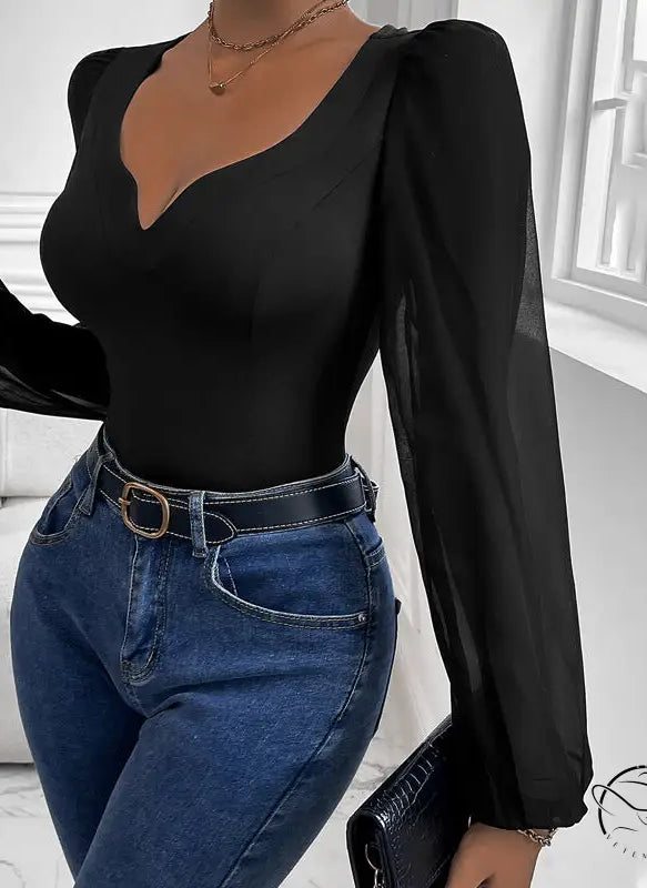 Women Clothing Black Mesh Stitching v Neck Jumpsuit