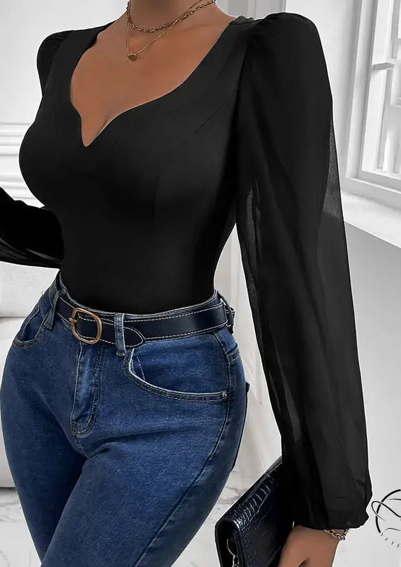 Women Clothing Black Mesh Stitching v Neck Jumpsuit