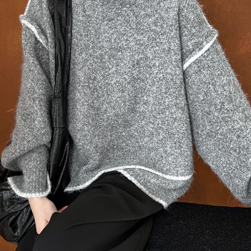 Heather gray Loose Casual Cozy Sweater with white contrast trim detailing in fashion ملابس