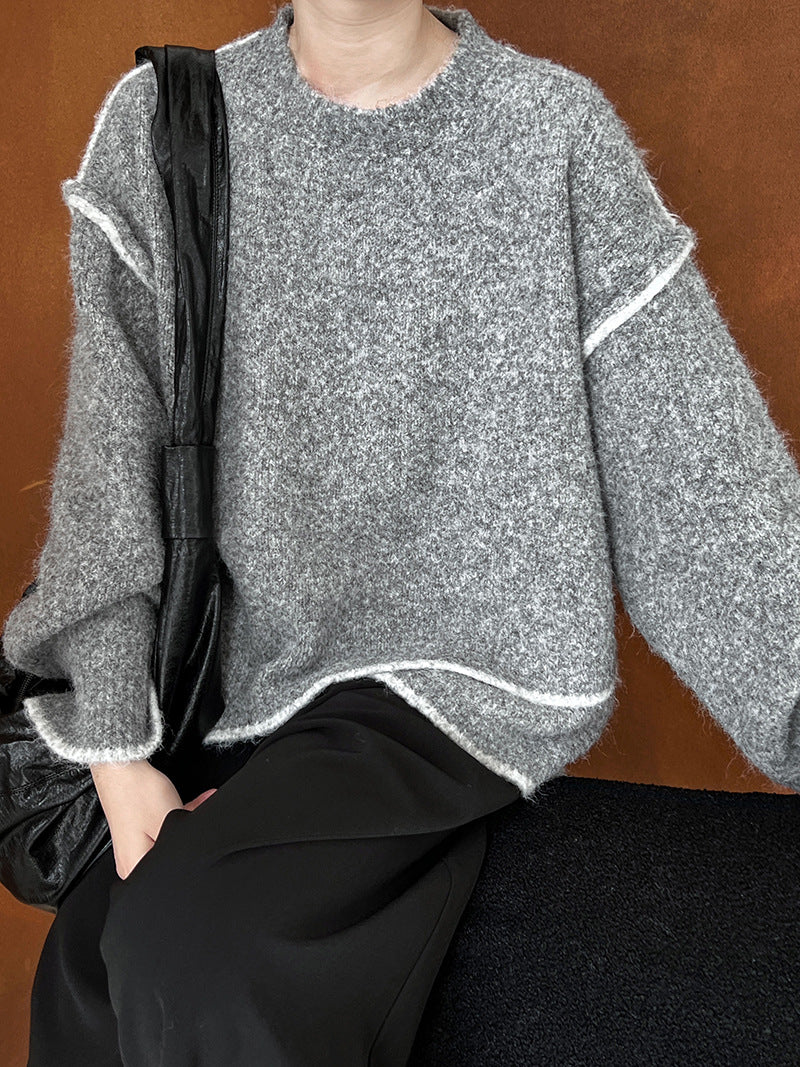 Heather gray Loose Casual Cozy Sweater with white contrast trim detailing in fashion ملابس