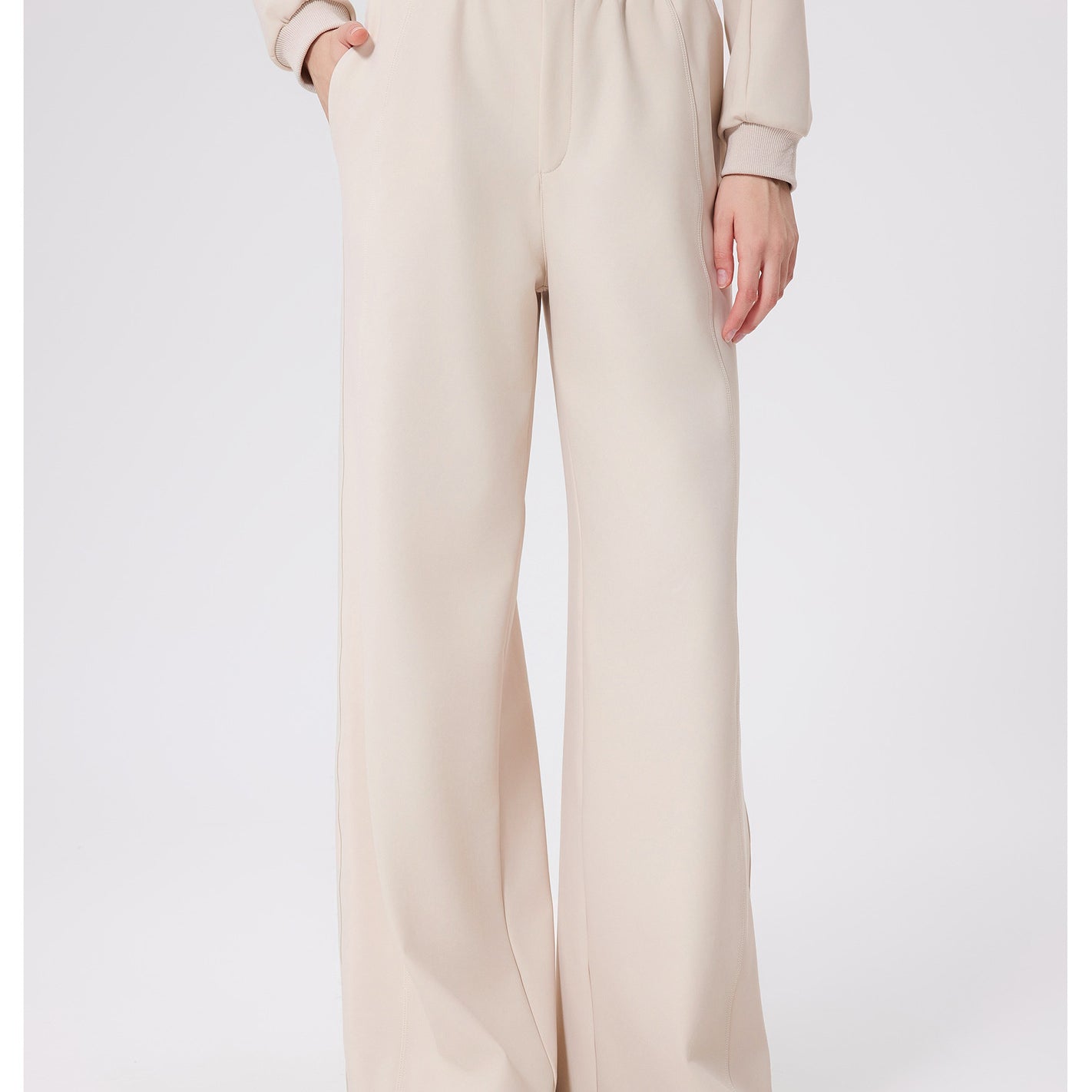 Cream-colored loose fitness warm pants with high-waist elastic band