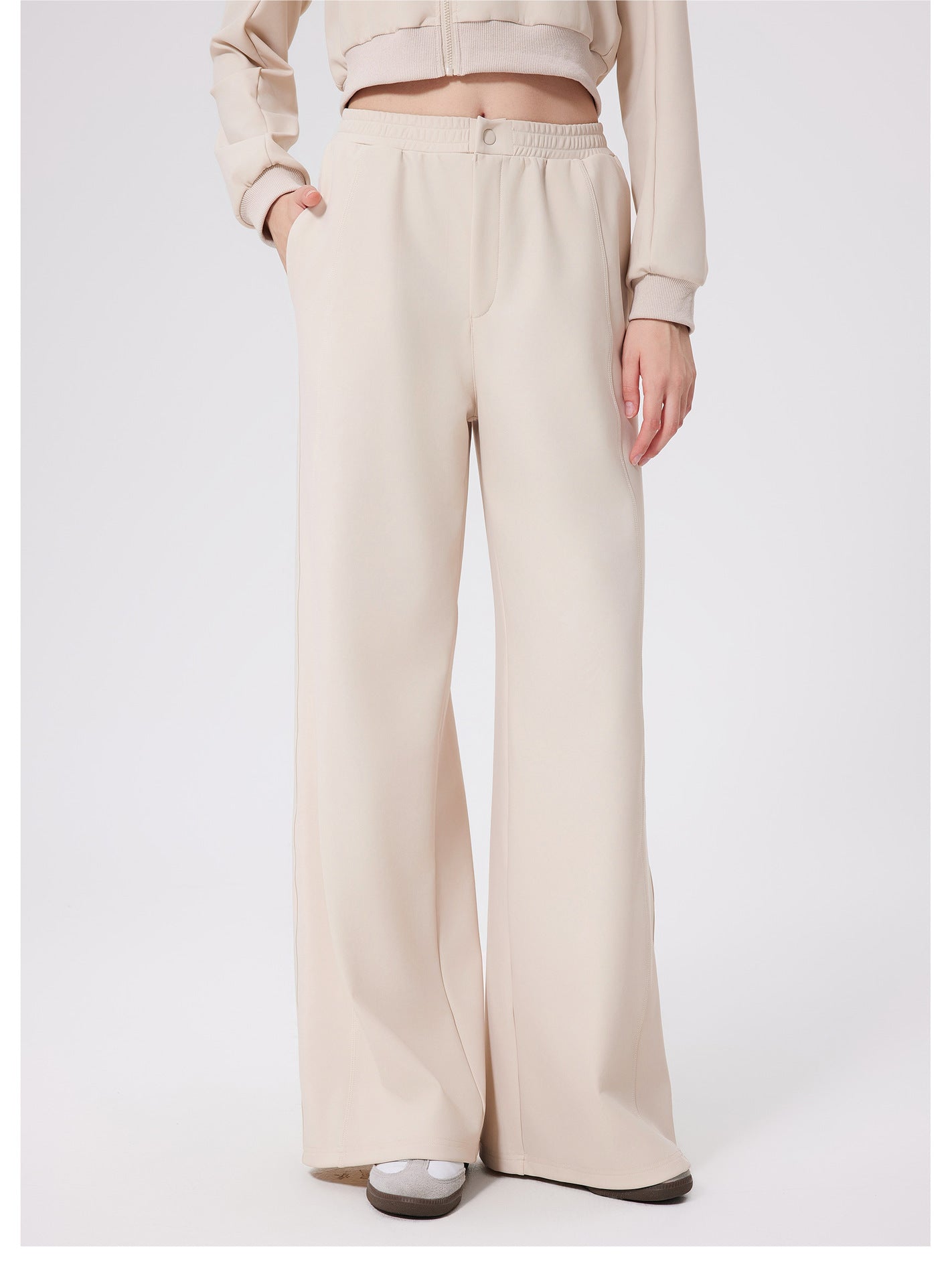 Cream-colored loose fitness warm pants with high-waist elastic band