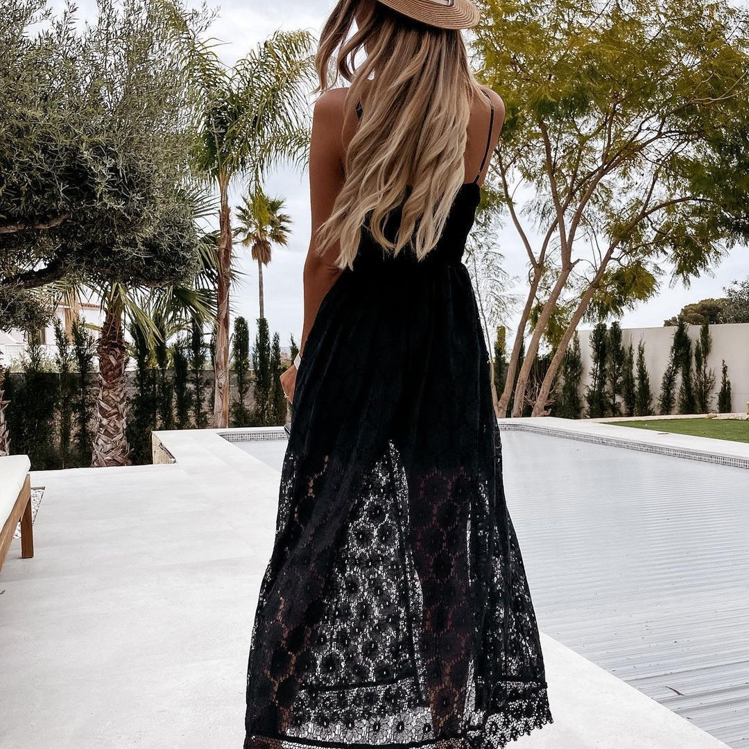 Long black lace maxi dress with brown fedora hat for elegant fashion ملابس styling