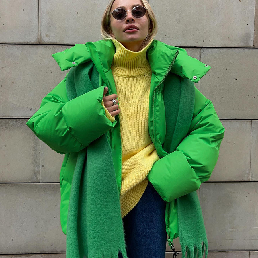 Bright green puffer coat with matching scarf, a stylish addition to Langry fashion ملابس