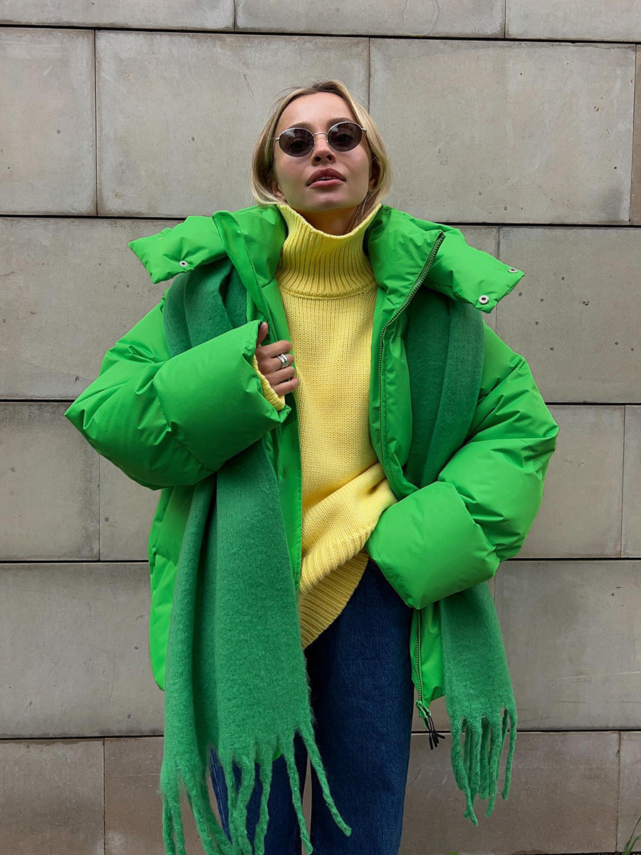 Bright green puffer coat with matching scarf, a stylish addition to Langry fashion ملابس