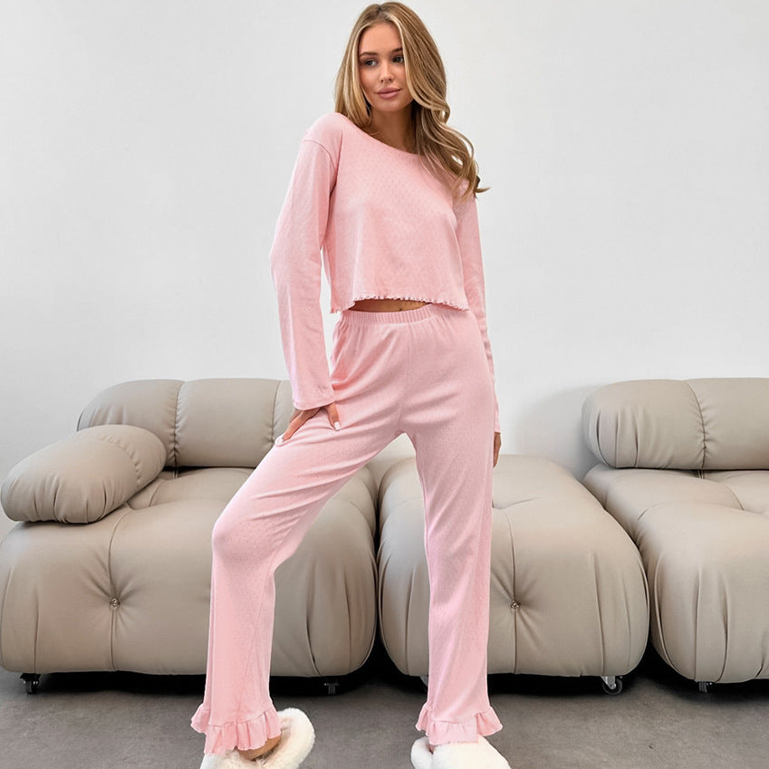 Pink ruffled-hem pajama set from Comfy Breathable Pajamas Sets, perfect for comfy breathable nights