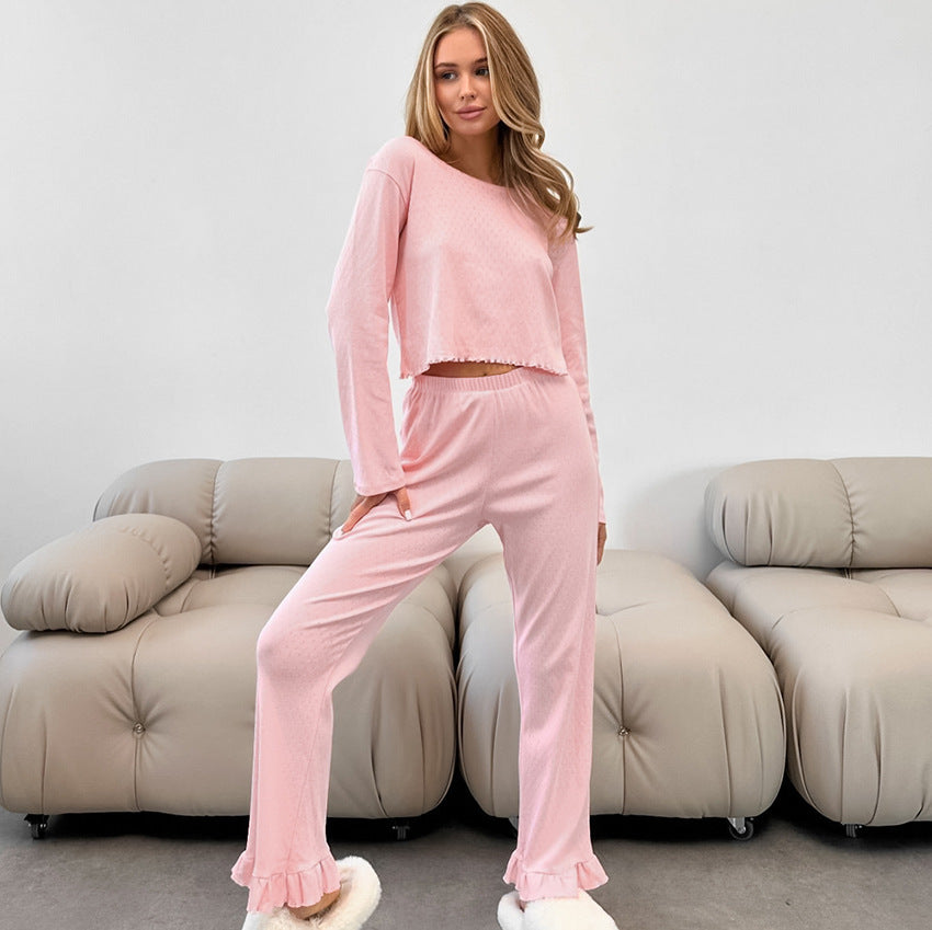 Pink ruffled-hem pajama set from Comfy Breathable Pajamas Sets, perfect for comfy breathable nights