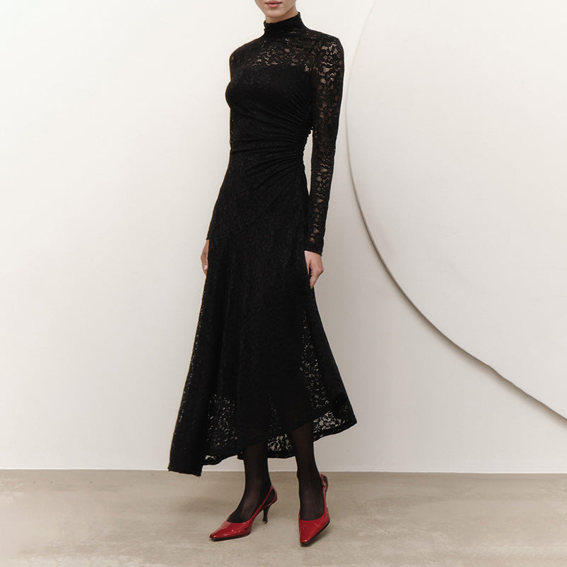 Women’s black lace midi dress with long sleeves and high neck, perfect for elegant fashion style