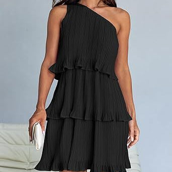 Black one-shoulder layered stitching hem pleated dress with stunning shoulder detail