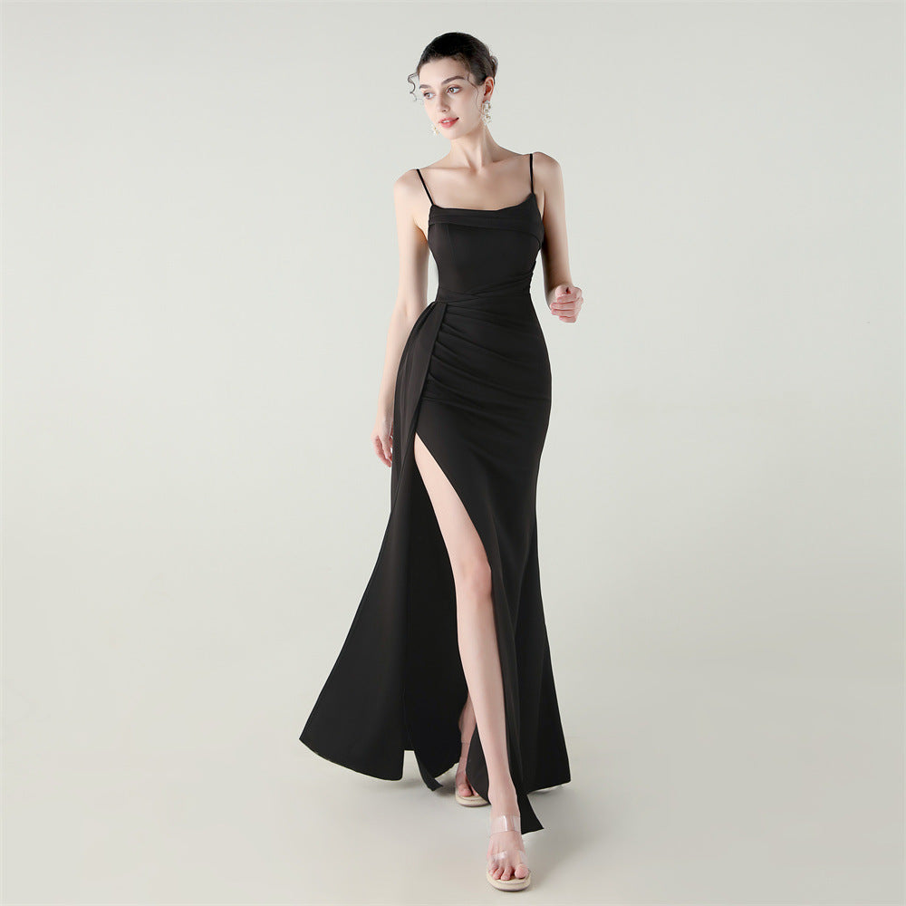 Elegant langry black satin slip dress with high slit and spaghetti straps