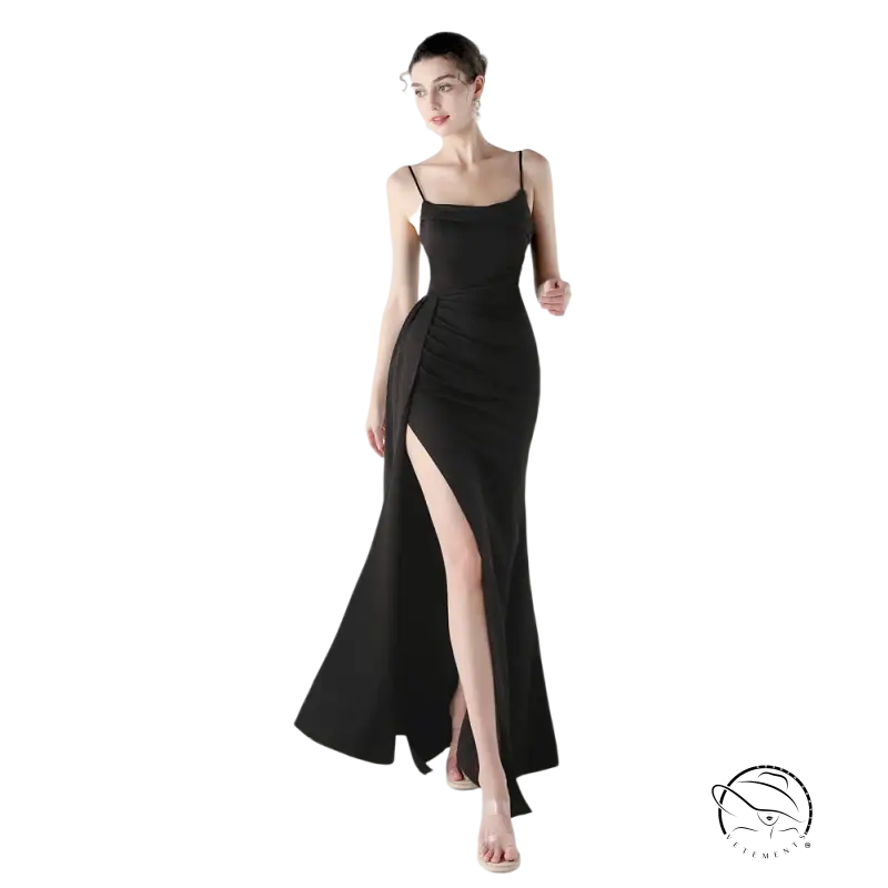 Elegant black satin slip dress with high slit in Langry fashion