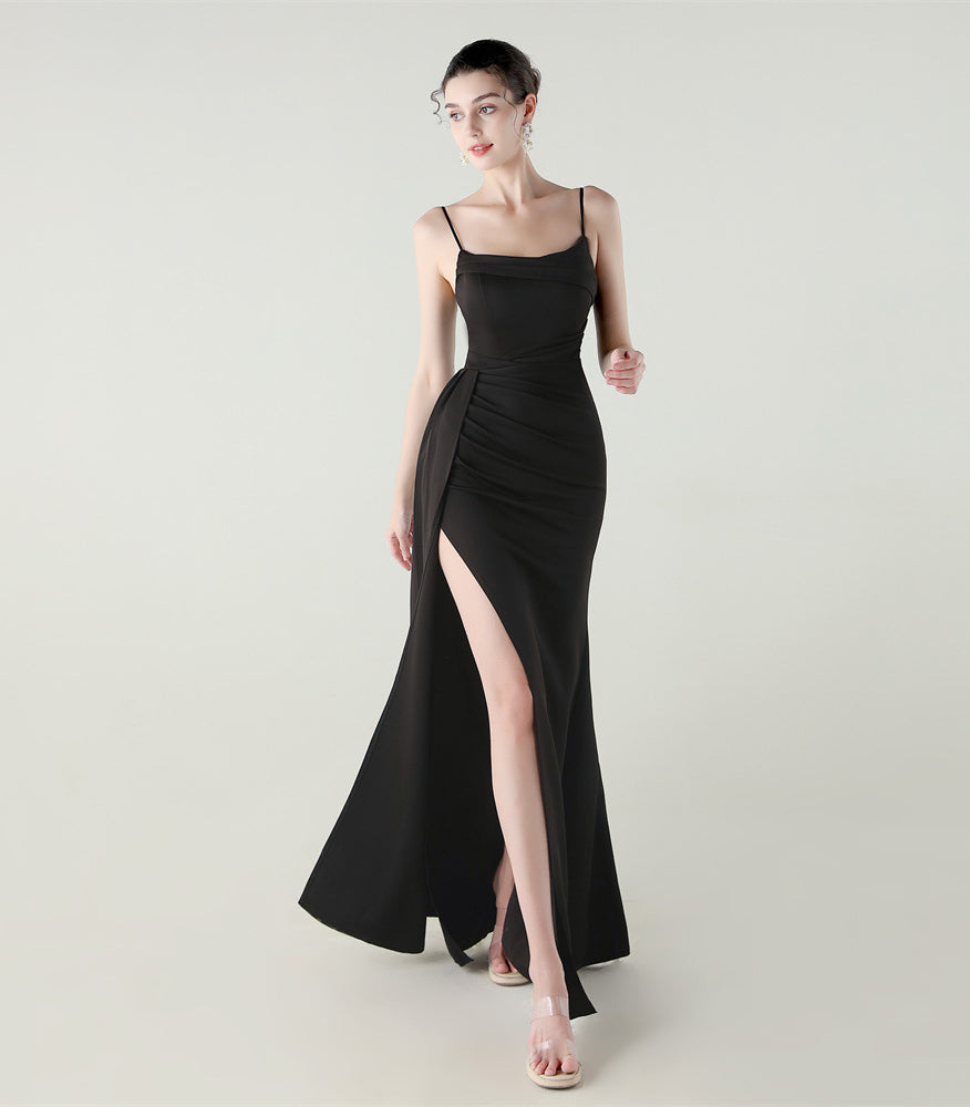 Elegant langry black satin slip dress with high slit and spaghetti straps