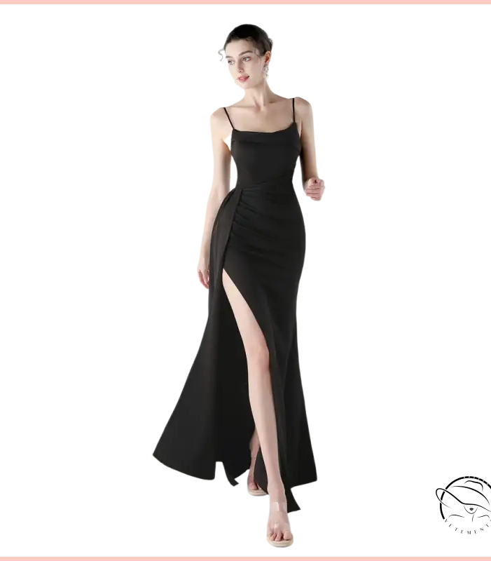 Elegant langry black satin slip dress with high slit, fashion evening wear
