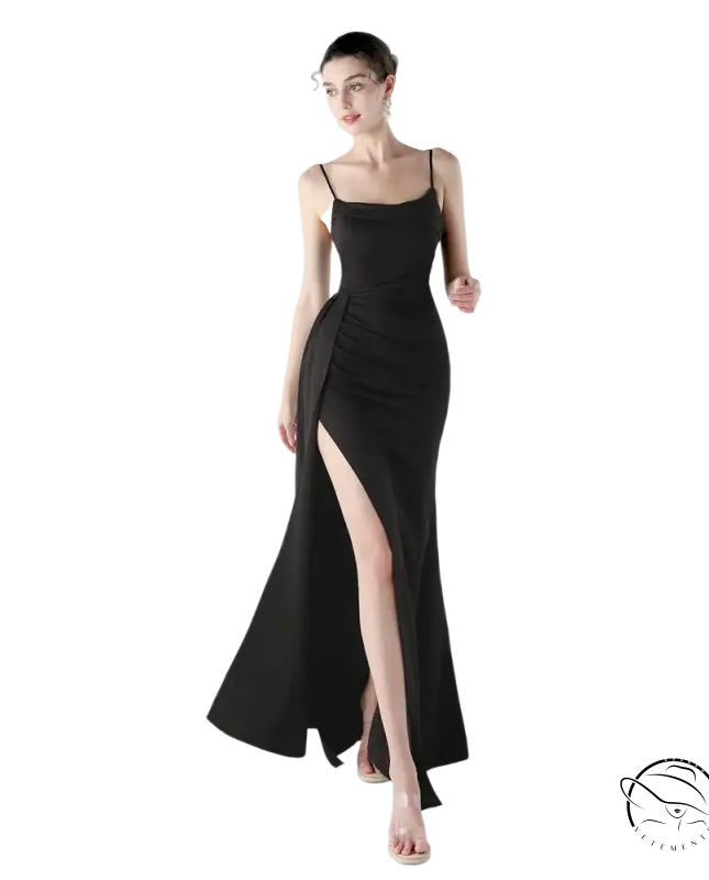 Elegant black satin langry fashion evening dress with high slit