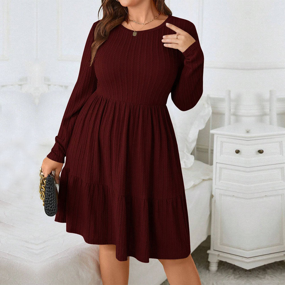 Plus-size women’s long-sleeve tiered smock dress in elegant red midi style