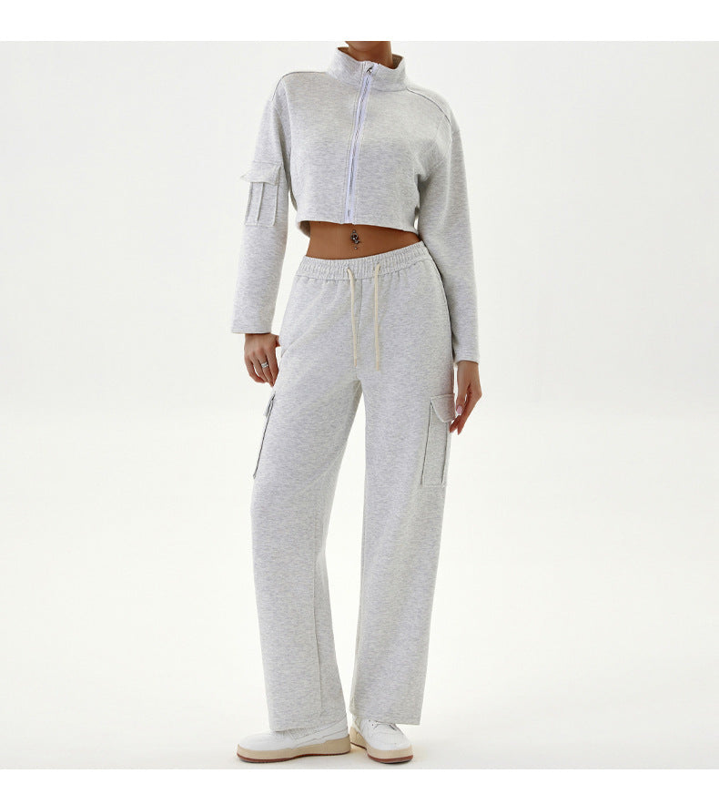 Woman wearing gray cropped jacket and cargo pants in casual Sports Sets, stylish langry fashion