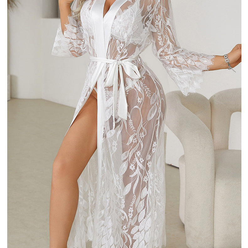 Elegant white lace stitching cardigan pajamas with floral pattern and tie belt in lingerie fashion