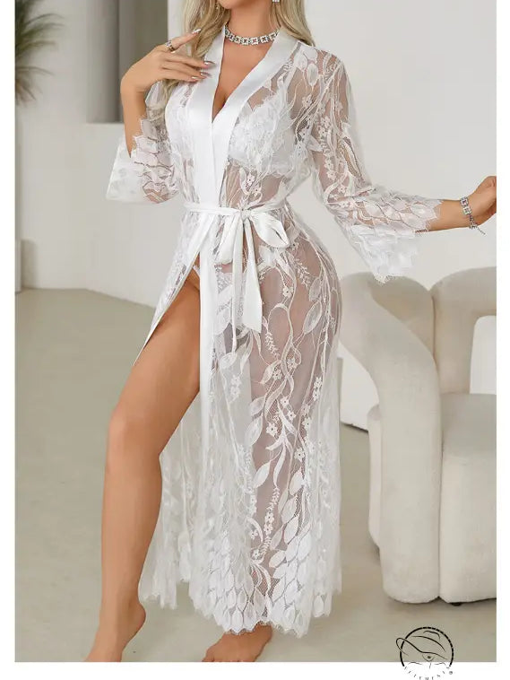 White lace robe with floral pattern and tie belt in langry fashion