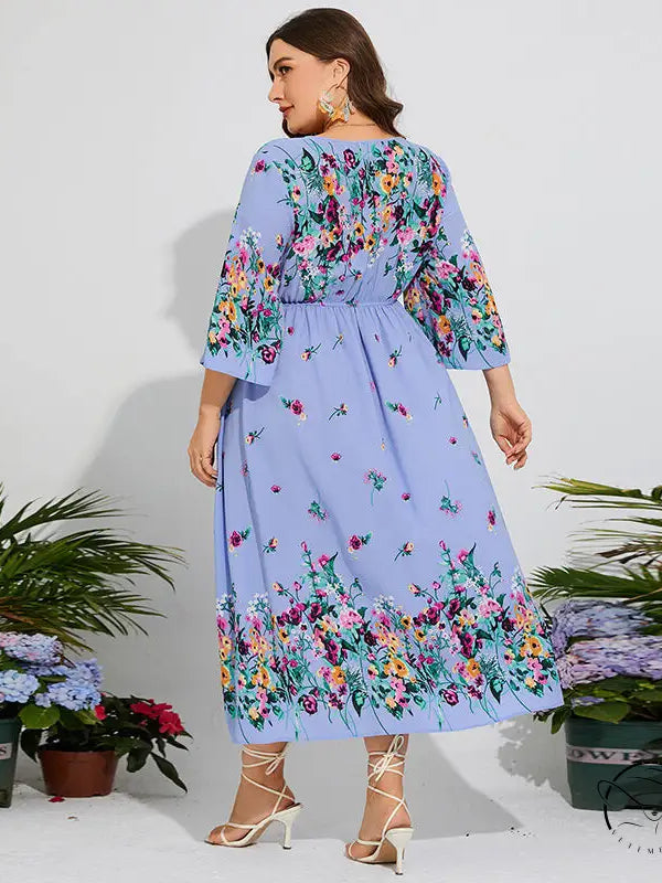 Plus-size light blue floral chiffon spring dress with elastic waist and bell sleeves