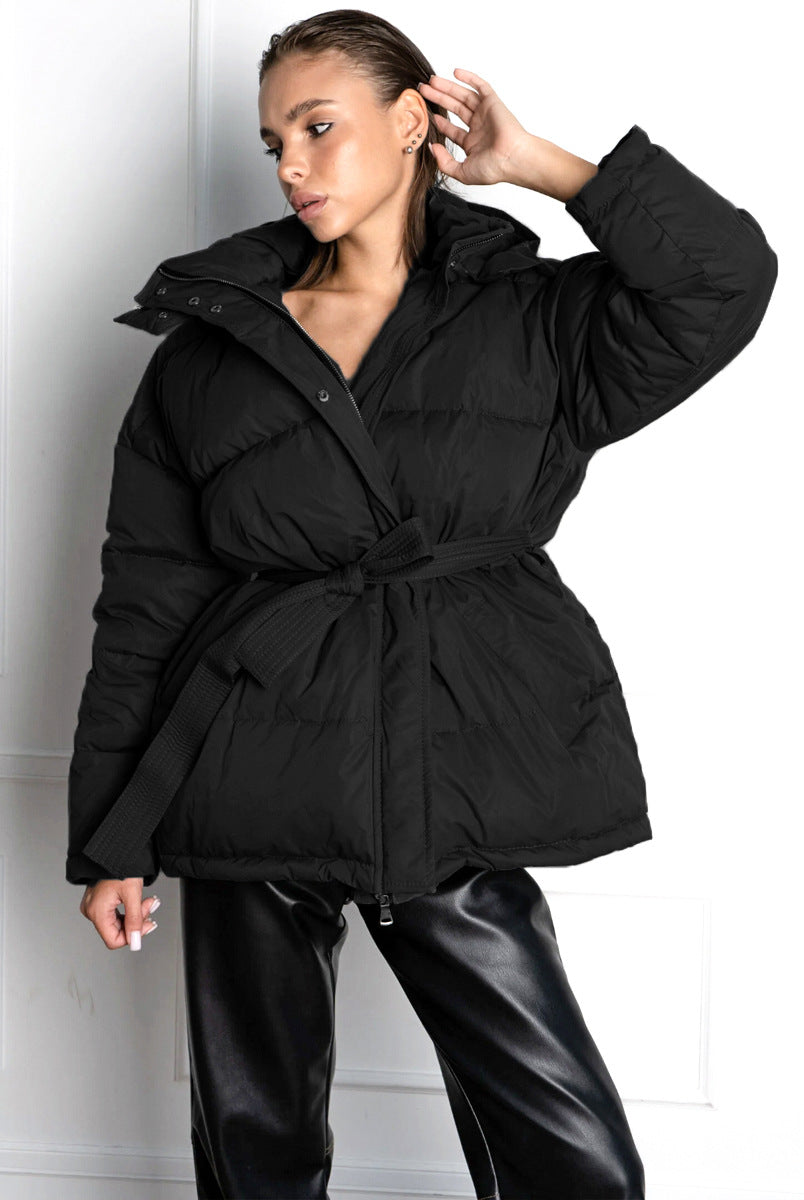 Black puffer jacket with belted waist from Hooded Thickened Thermal Zipper Bread Coat, stylish ملابس for winter fashion