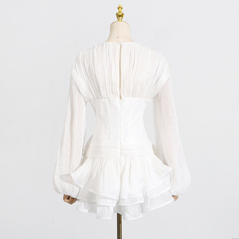 Elegant white ruffled blouse in Langry fashion, long sleeves, gathered bodice