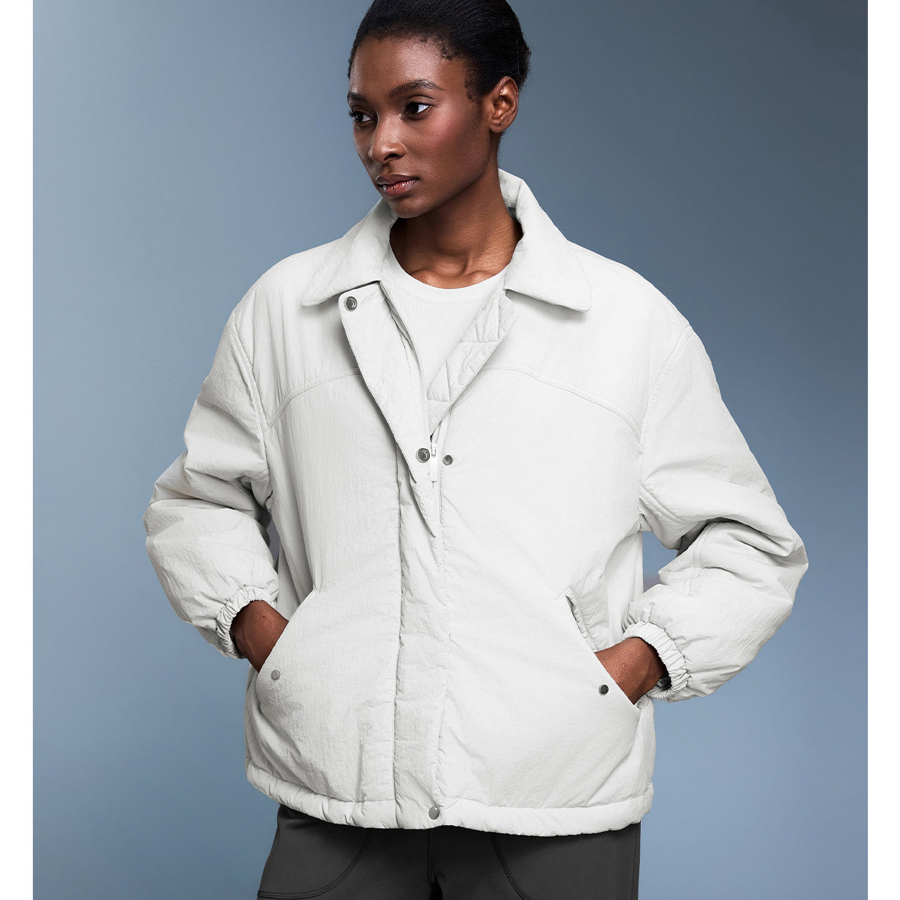 Langry fashion white puffer jacket with black accents, lightweight waterproof coat