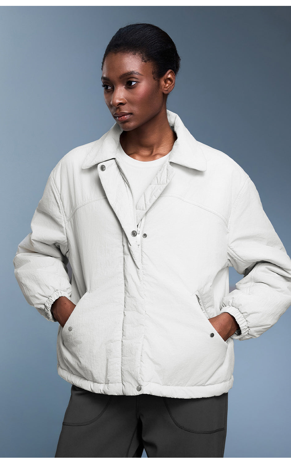Langry fashion white puffer jacket with black accents, lightweight waterproof coat