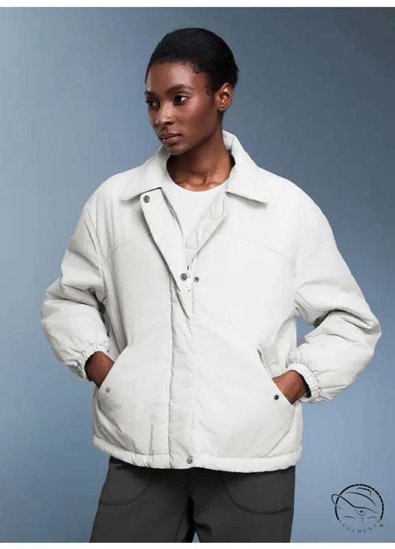 Langry fashion white puffer jacket with black accents, lightweight waterproof coat