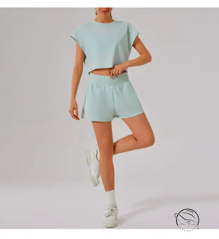 Mint green loose sports yoga fitness set with white sneakers