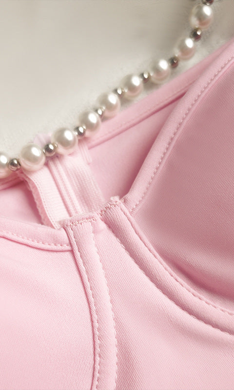 Elegant Slim Fit Puff Sleeve Dress with pink padded bra and pearl necklace, fashion ملابس