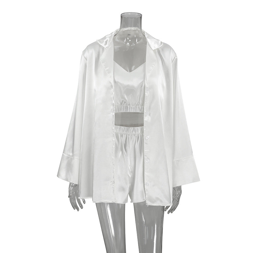 White three-piece satin pajama set for women, elegant home wear and sleepwear fashion