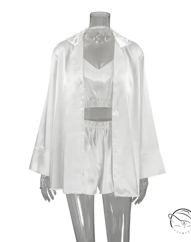 White satin three-piece pajama set for luxurious home wear