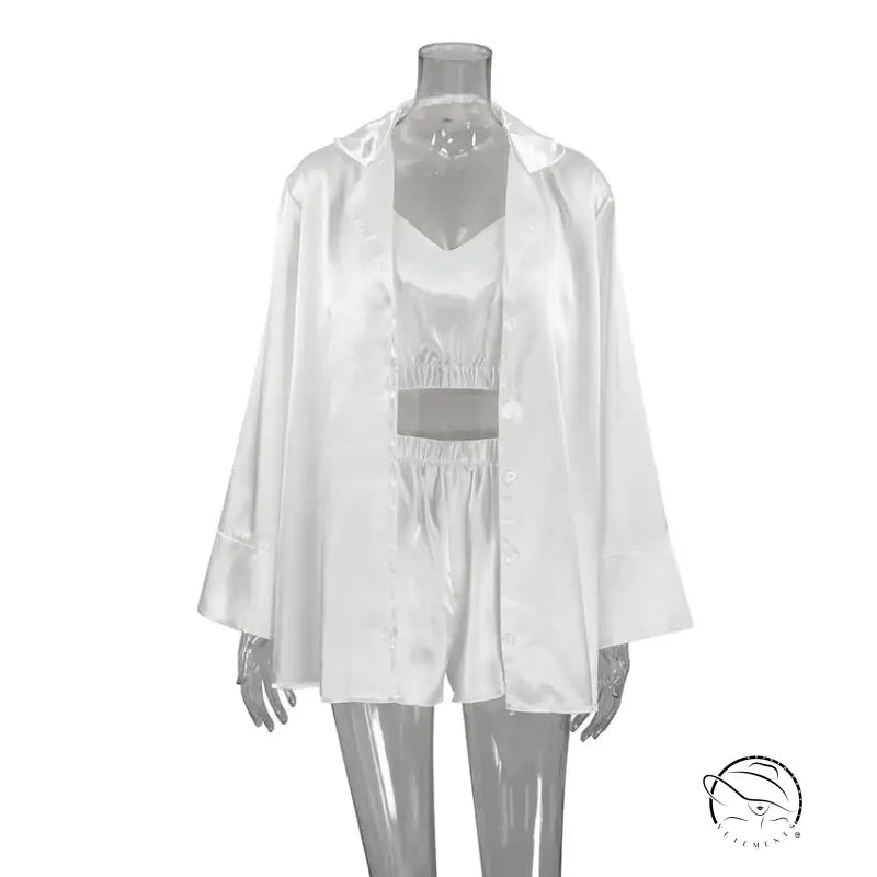 White satin three-piece pajama set for luxurious home wear