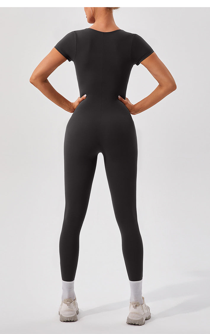 Langry black short-sleeved form-fitting yoga fitness bodysuit