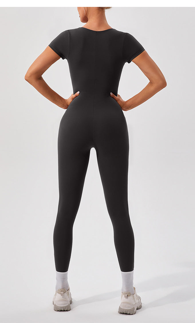 Langry black short-sleeved form-fitting yoga fitness bodysuit
