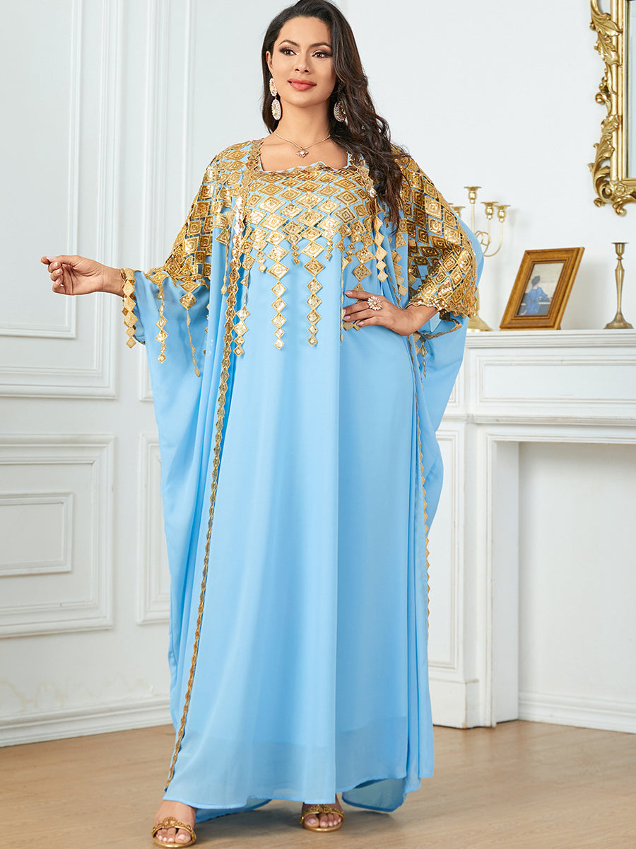 Light blue Langry fashion kaftan with gold embroidery and sheer sleeves