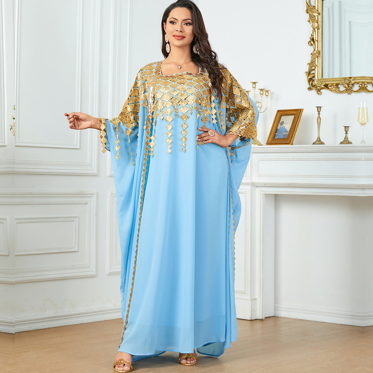 Light blue Langry fashion kaftan with gold embroidery and sheer sleeves