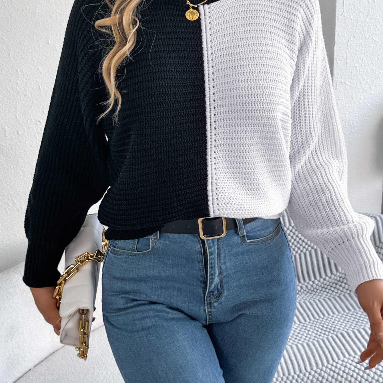 Two-tone knit sweater with jeans from Casual Shoulder Oversleeve Sweater collection, stylish langry fashion, ملابس
