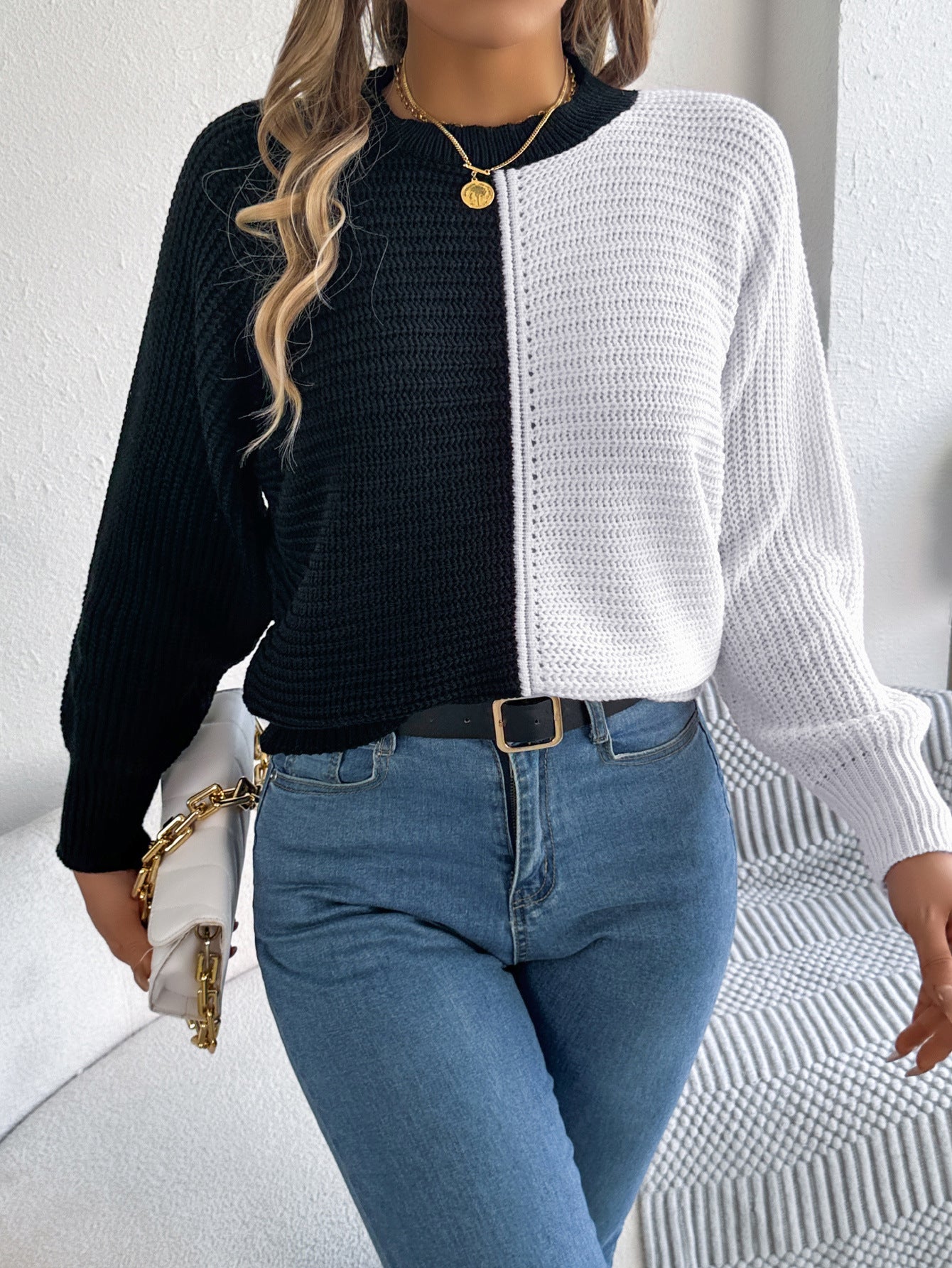 Two-tone knit sweater with jeans from Casual Shoulder Oversleeve Sweater collection, stylish langry fashion, ملابس