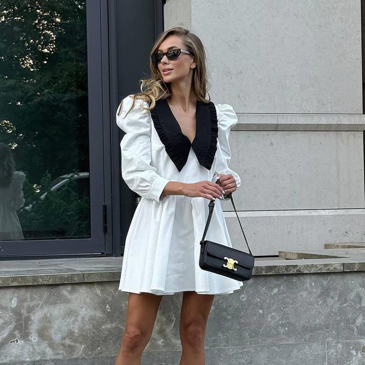 White French Dress with Black Collar and Purse, perfect for chic fashion ملابس