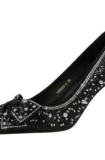 Elegant black satin Langry fashion stiletto pump with rhinestone bow