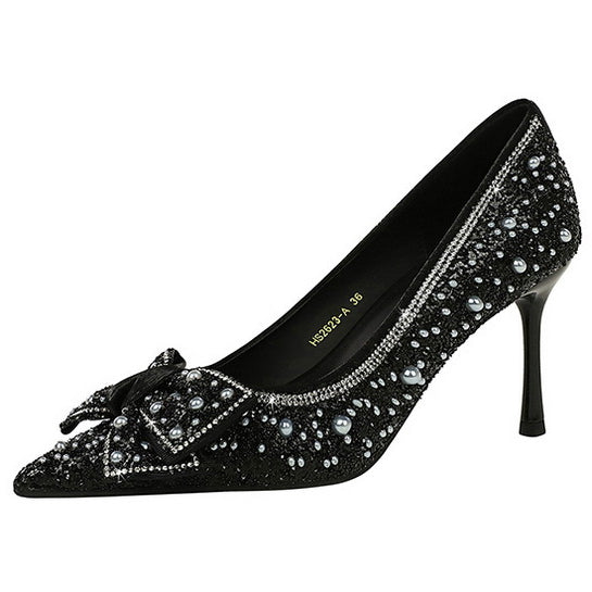 Elegant black satin Langry fashion stiletto pump with rhinestone bow