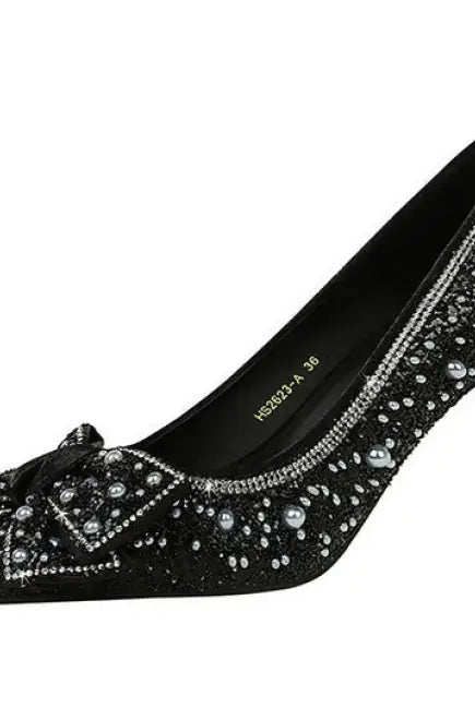 Elegant black satin Langry fashion stiletto pumps with rhinestone bowknot