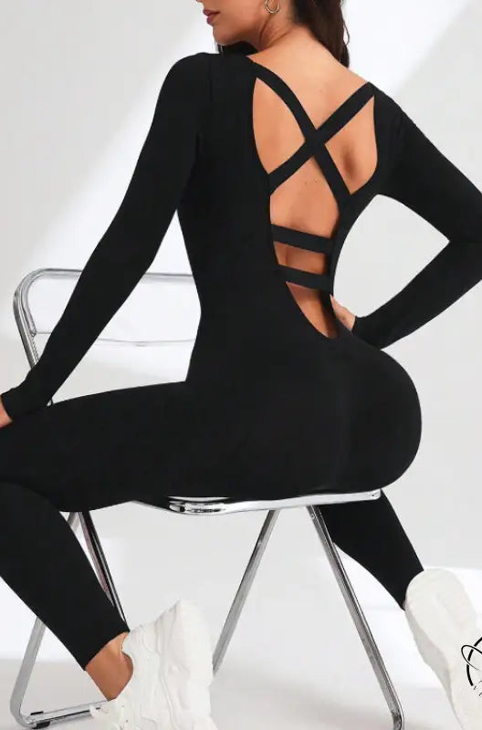 Black langry fashion ملابس: crisscross back yoga bodysuit