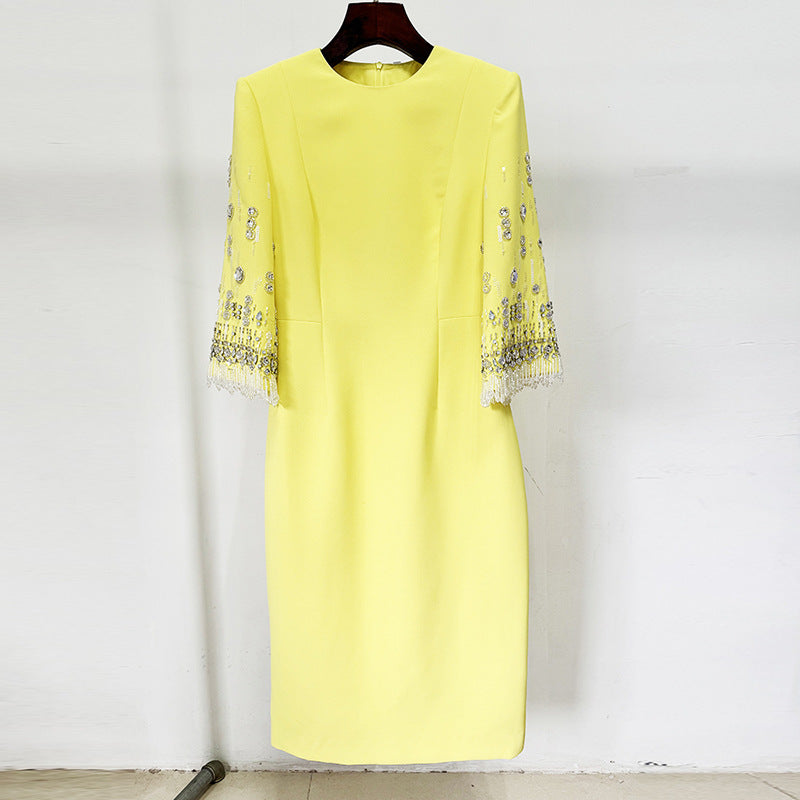 Yellow knee-length Diamond Embedded Mid Length Dress with embellished sleeves for fashion lovers
