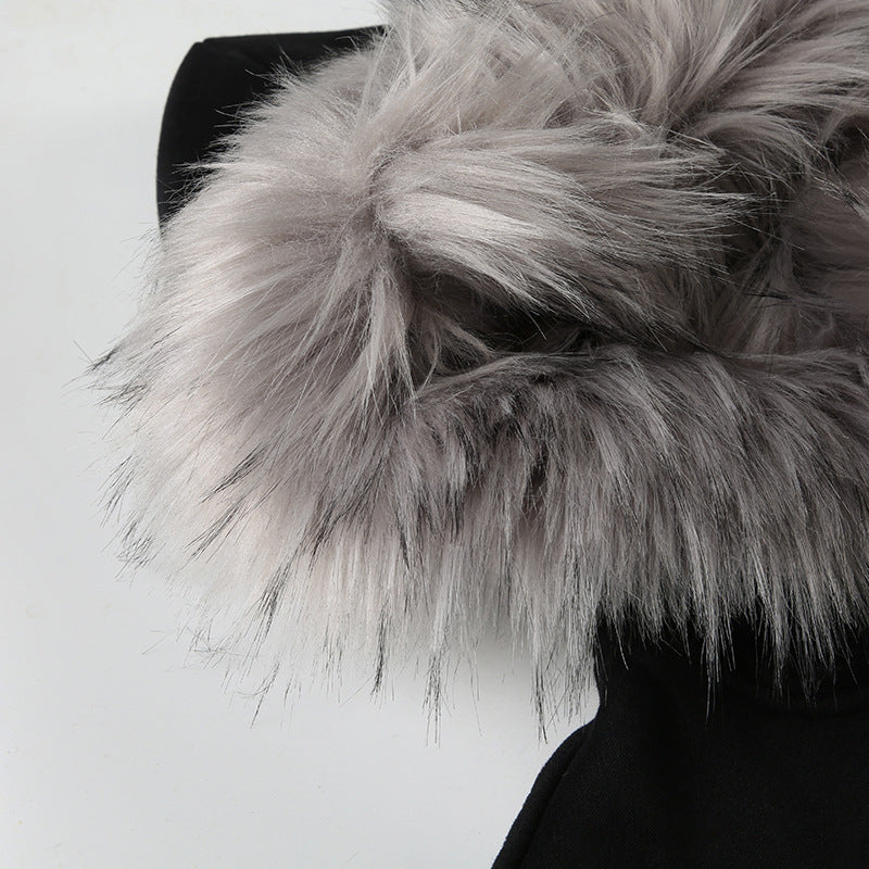 Black street retro hooded furry splicing coat with grey faux fur trim for stylish ملابس