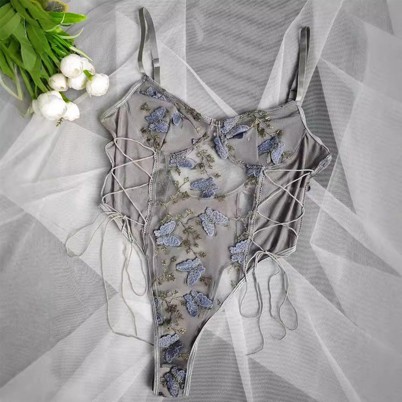 Gray floral bodysuit with lace-up detailing for elegant fashion ملابس styles