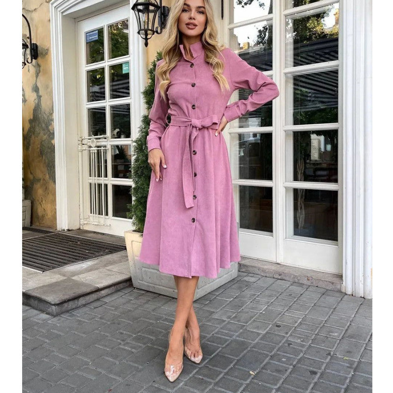 Pink button-down midi dress with belt, elegant daily dress for stylish occasions